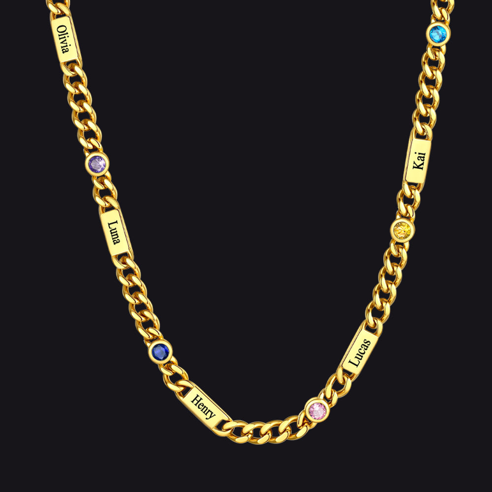 Gold / 6 Names / 24Inches 5mm Custom Name Cuban Chain Necklace with Birthstone