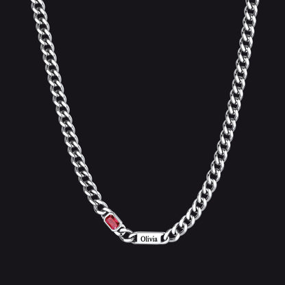 Silver / 1 Name / 24Inches 5mm Engraved Name Cuban Chain Necklace with Rectangle Birthstone