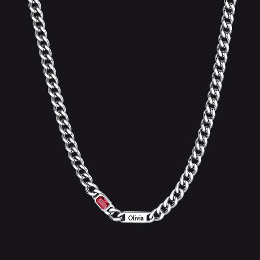 Silver / 1 Name / 24Inches 5mm Engraved Name Cuban Chain Necklace with Rectangle Birthstoneimg