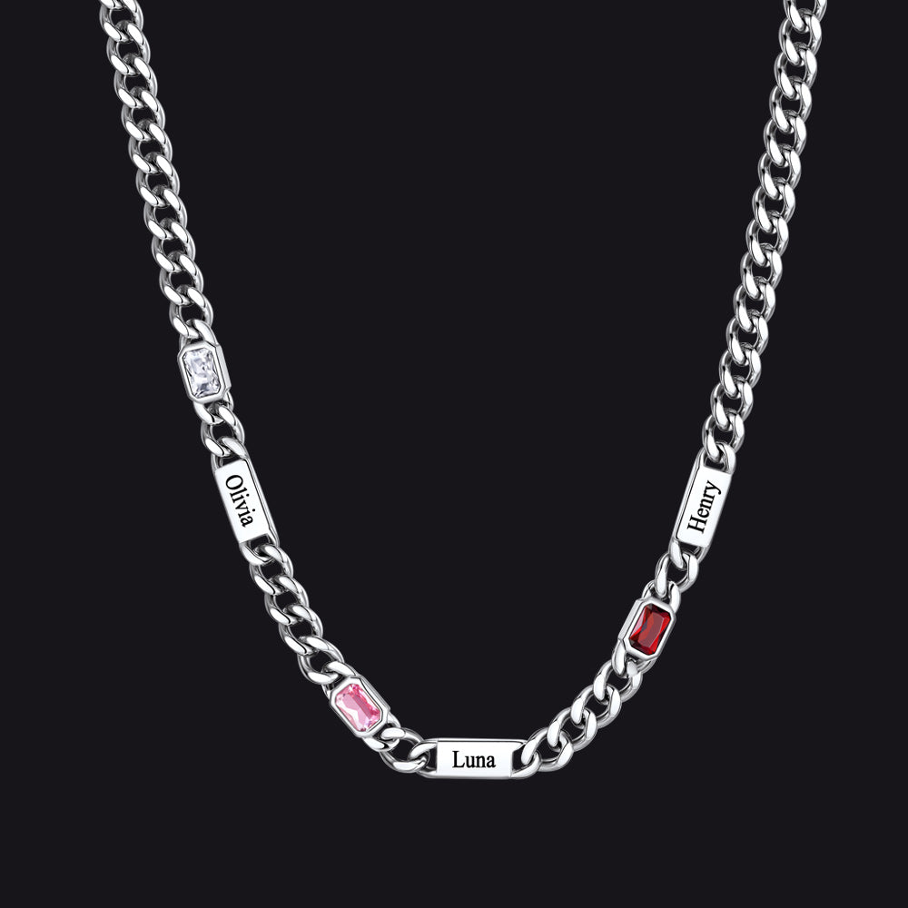 Silver / 3 Names / 24Inches 5mm Engraved Name Cuban Chain Necklace with Rectangle Birthstone