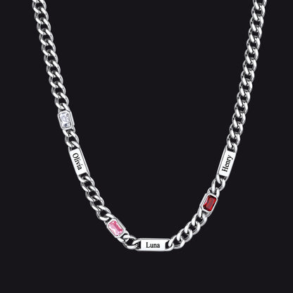 Silver / 3 Names / 24Inches 5mm Engraved Name Cuban Chain Necklace with Rectangle Birthstone