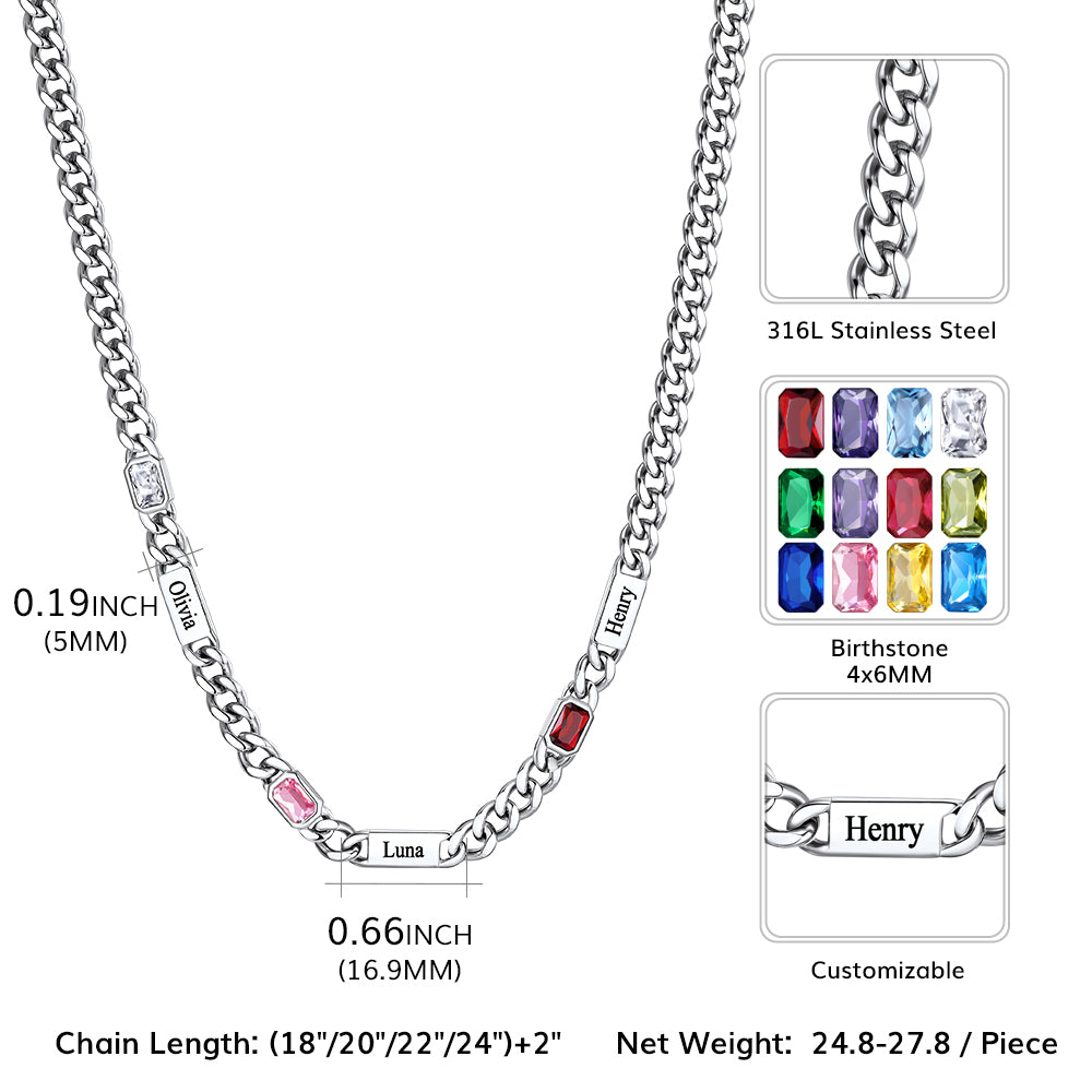  5mm Engraved Name Cuban Chain Necklace with Rectangle Birthstone
