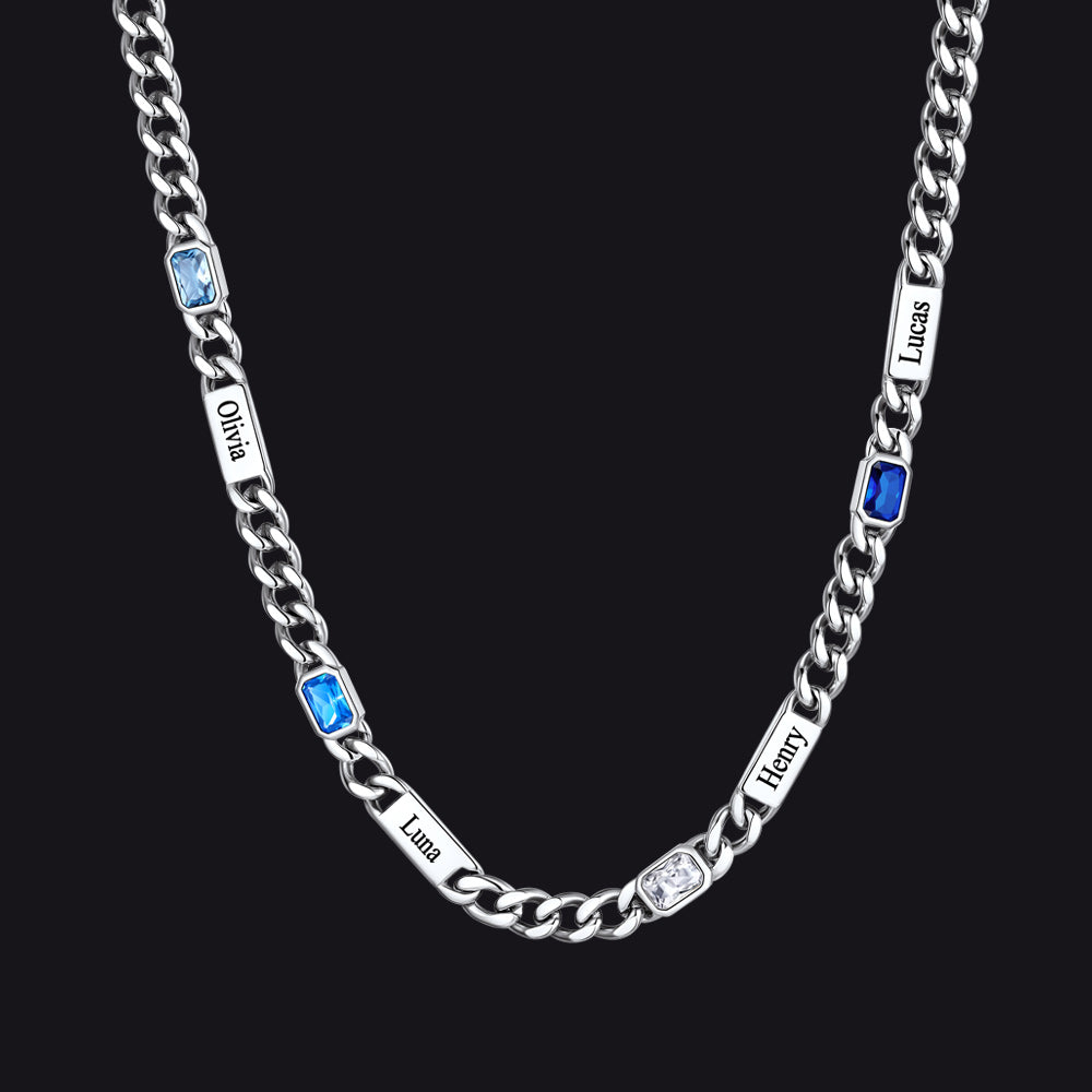 Silver / 4 Names / 24Inches 5mm Engraved Name Cuban Chain Necklace with Rectangle Birthstone