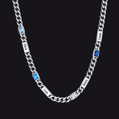 Silver / 4 Names / 24Inches 5mm Engraved Name Cuban Chain Necklace with Rectangle Birthstone