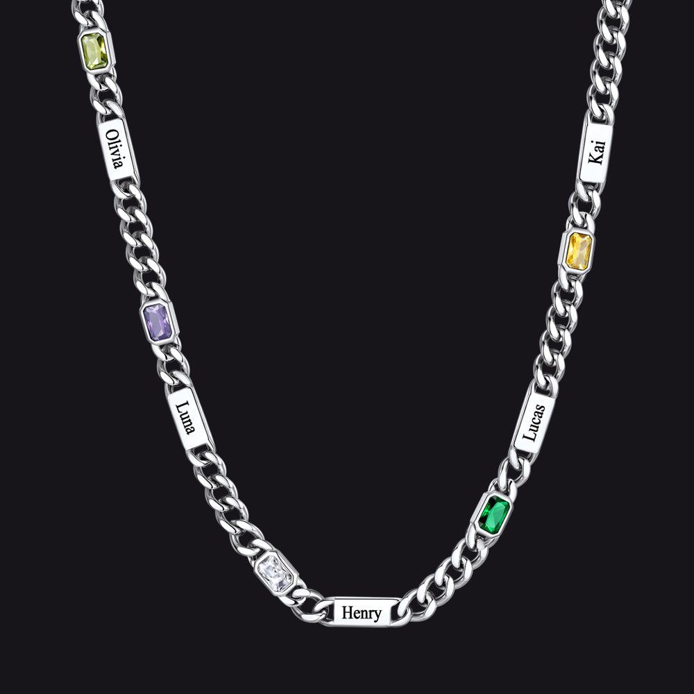Silver / 5 Names / 24Inches 5mm Engraved Name Cuban Chain Necklace with Rectangle Birthstone