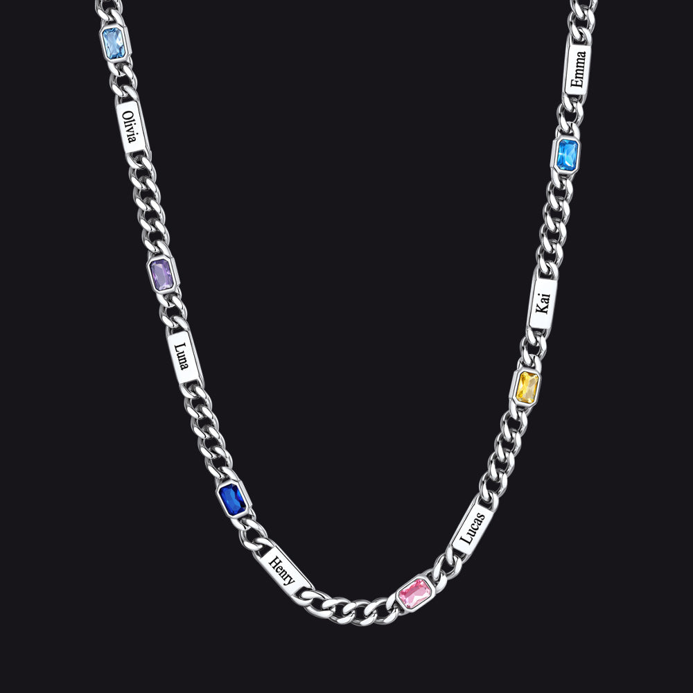 Silver / 6 Names / 24Inches 5mm Engraved Name Cuban Chain Necklace with Rectangle Birthstone