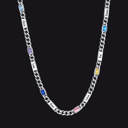 Silver / 6 Names / 24Inches 5mm Engraved Name Cuban Chain Necklace with Rectangle Birthstone