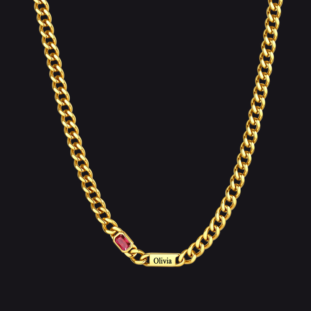 Gold / 1 Name / 24Inches 5mm Engraved Name Cuban Chain Necklace with Rectangle Birthstone