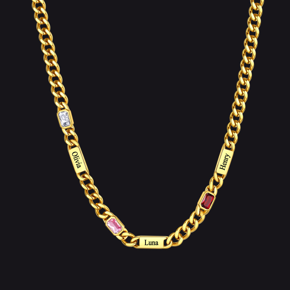 Gold / 3 Names / 24Inches 5mm Engraved Name Cuban Chain Necklace with Rectangle Birthstone