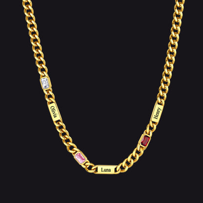 Gold / 3 Names / 24Inches 5mm Engraved Name Cuban Chain Necklace with Rectangle Birthstone