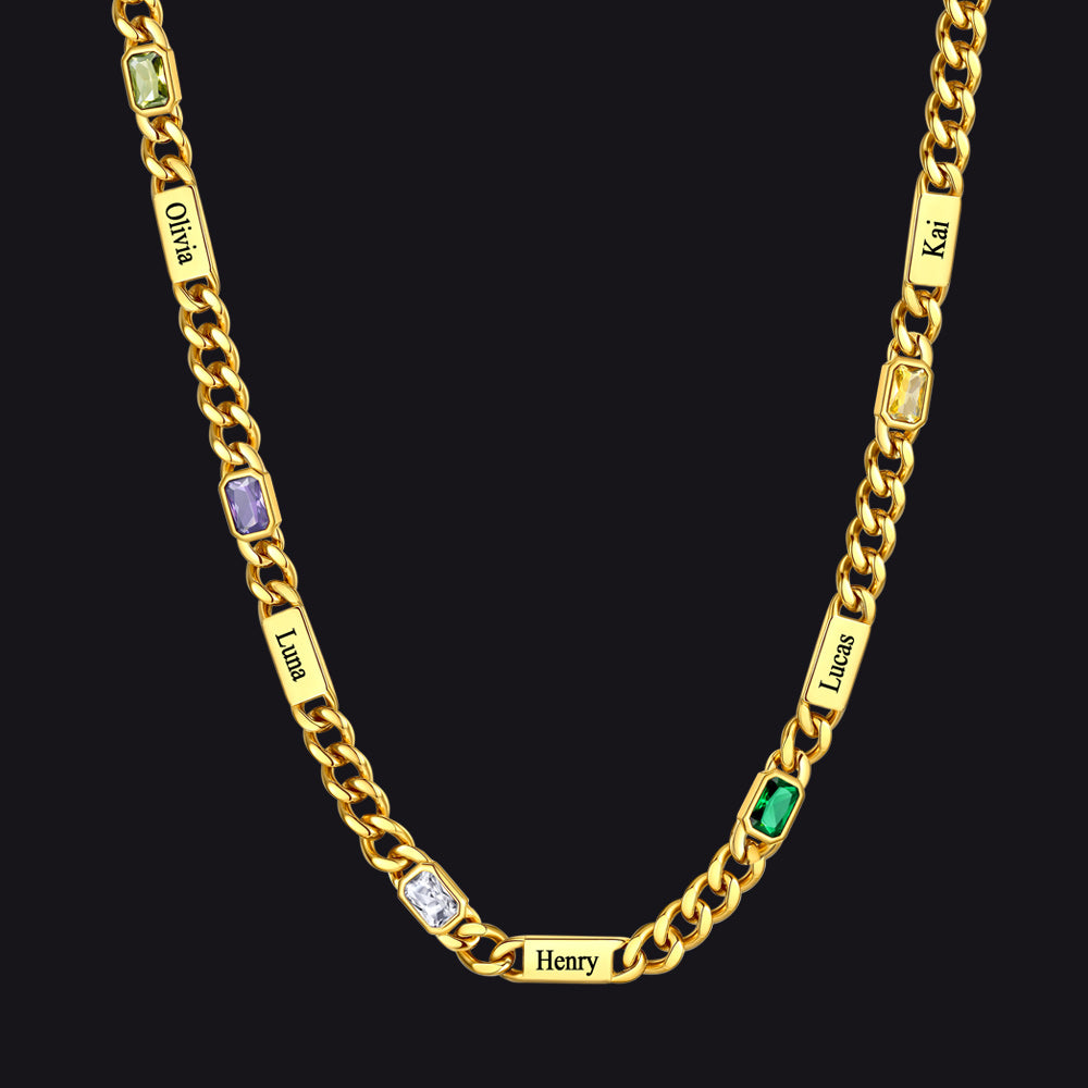 Gold / 5 Names / 24Inches 5mm Engraved Name Cuban Chain Necklace with Rectangle Birthstone