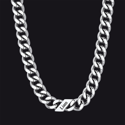 Silver / 1 Name / 12mm Engraved Name Cuban Chain Necklace for Men, 7/9/12mm Widthimg