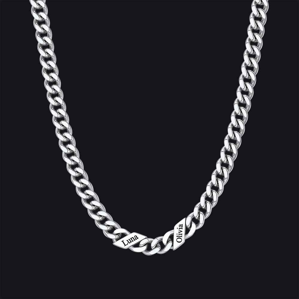 Silver / 2 Names / 7mm Engraved Name Cuban Chain Necklace for Men, 7/9/12mm Width