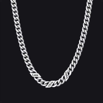 Silver / 3 Names / 7mm Engraved Name Cuban Chain Necklace for Men, 7/9/12mm Width