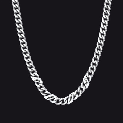 Silver / 4 Names / 7mm Engraved Name Cuban Chain Necklace for Men, 7/9/12mm Width