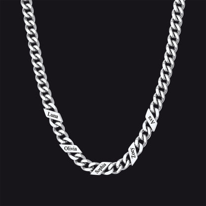 Silver / 5 Names / 7mm Engraved Name Cuban Chain Necklace for Men, 7/9/12mm Width