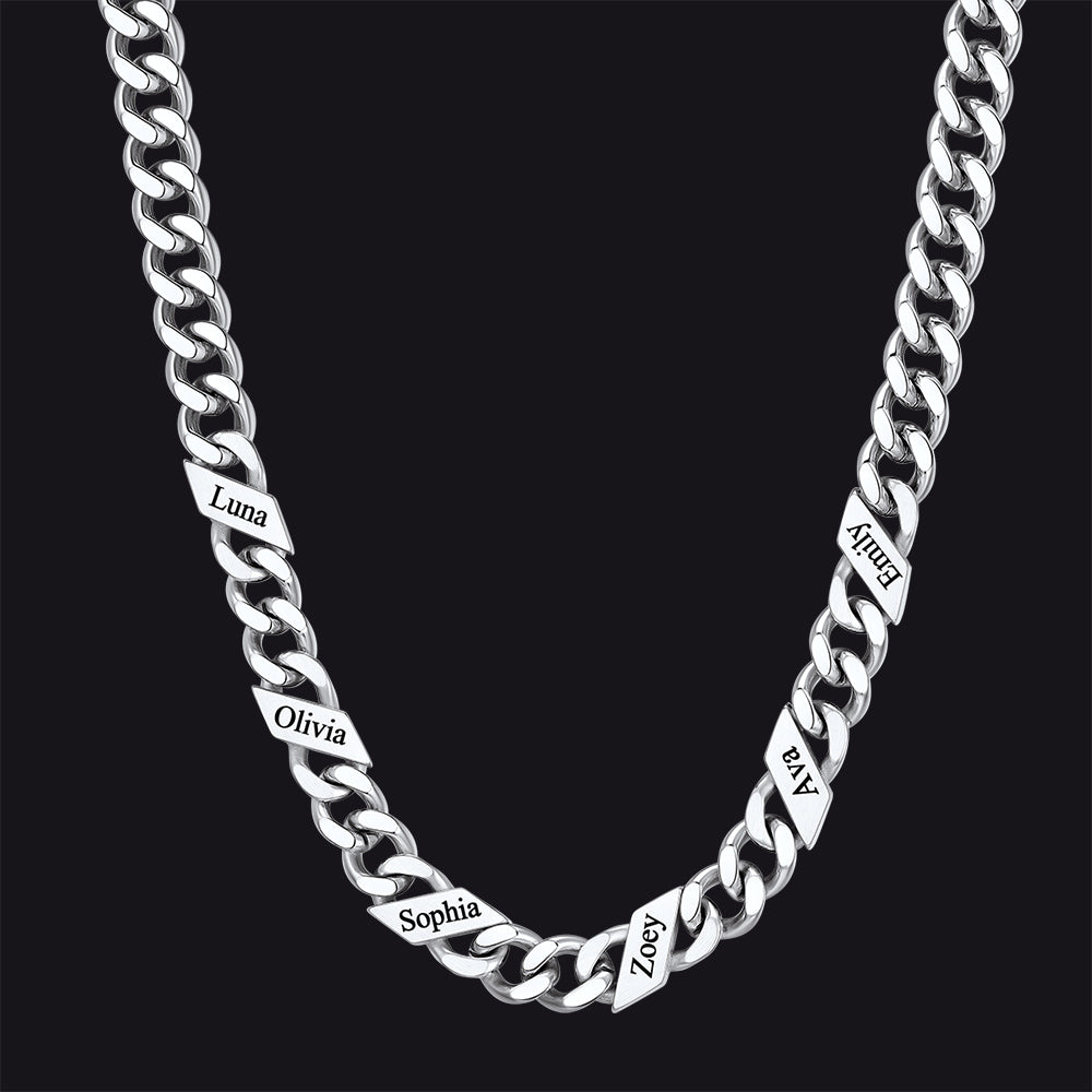 Silver / 6 Names / 9mm Engraved Name Cuban Chain Necklace for Men, 7/9/12mm Width