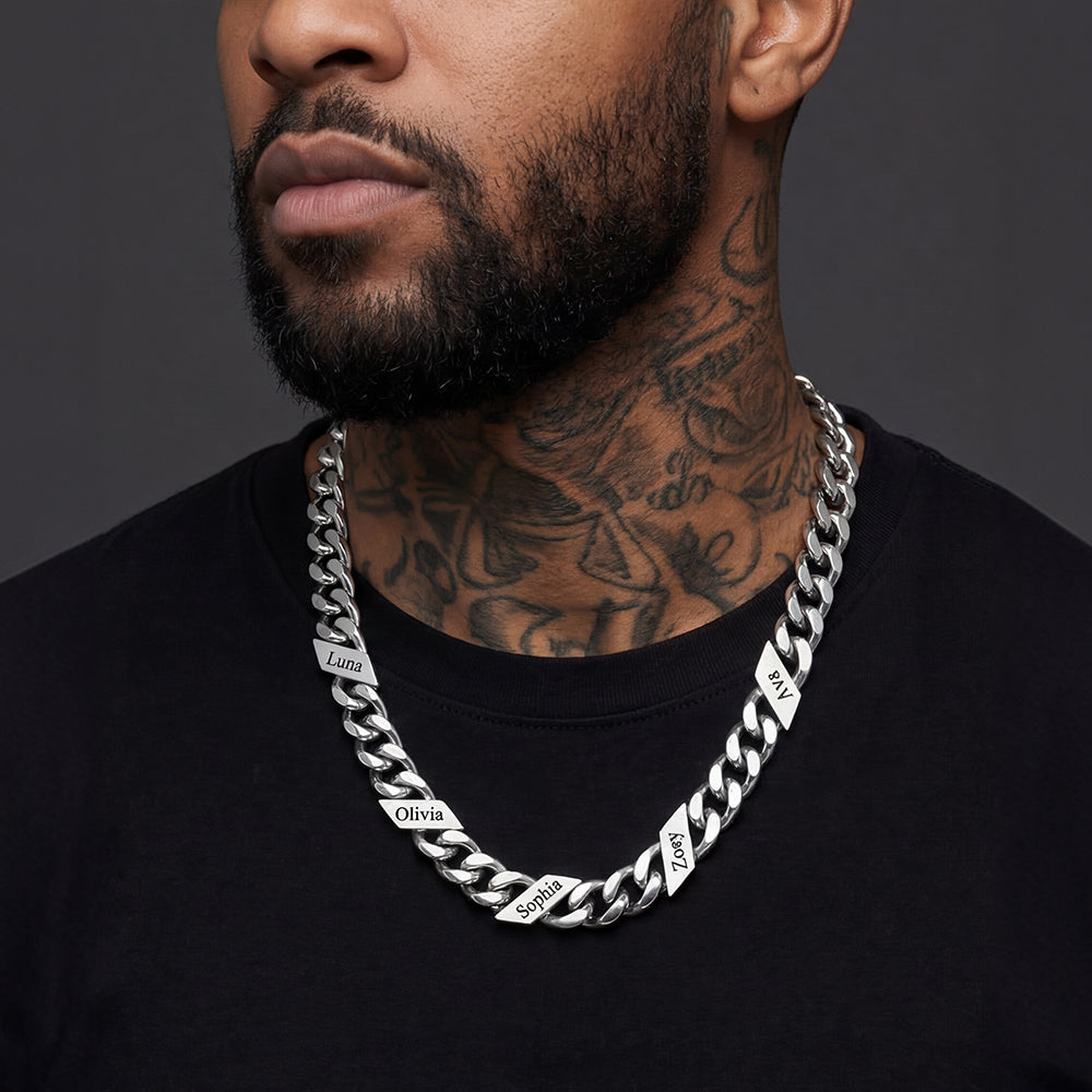 Silver Customized Engraved 1-6 Name Cuban Chain Necklace for Men, Father, boyfriend, 7/9/12mm Width