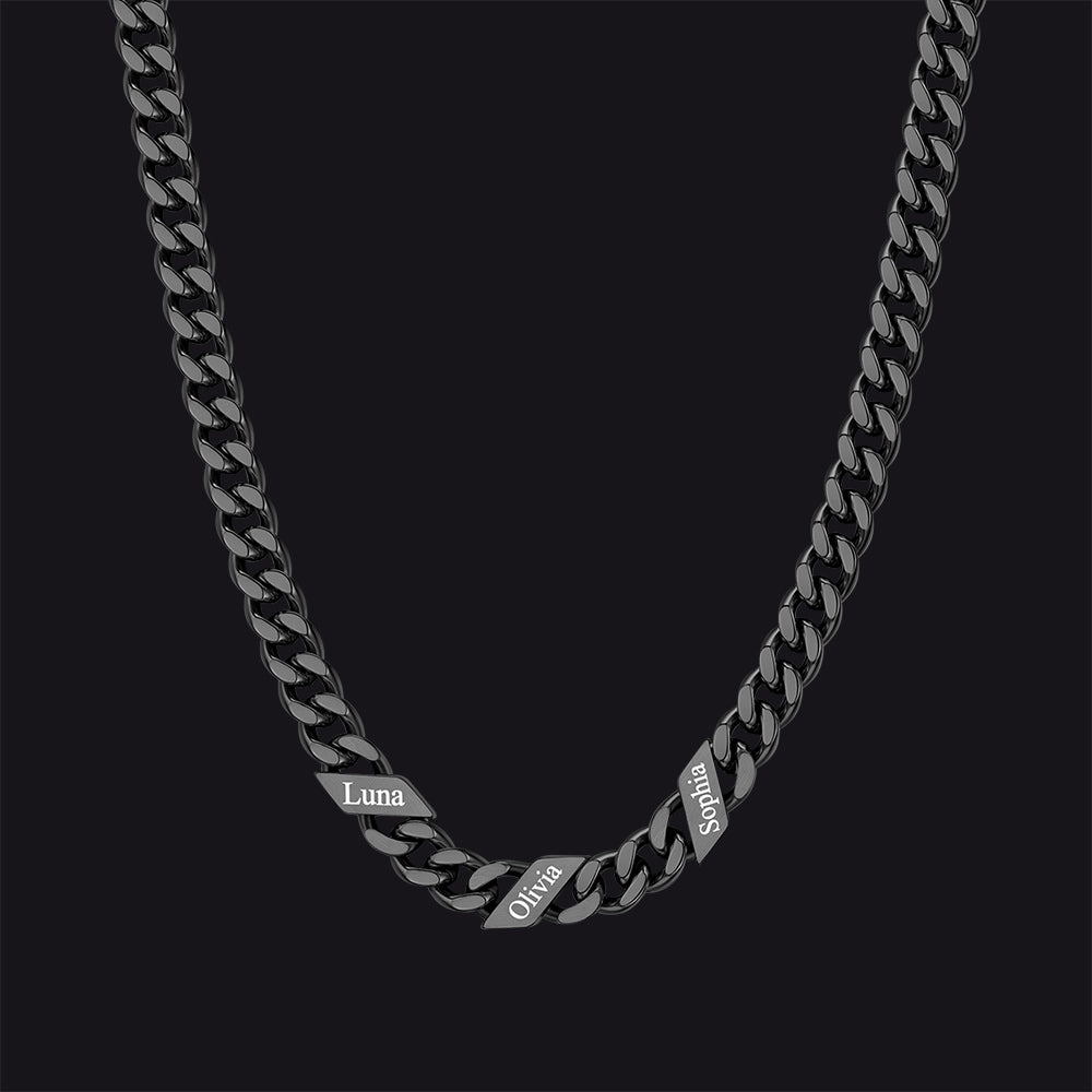 Black / 3 Names / 7mm Engraved Name Cuban Chain Necklace for Men, 7/9/12mm Width
