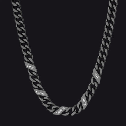 Black / 5 Names / 9mm Engraved Name Cuban Chain Necklace for Men, 7/9/12mm Width