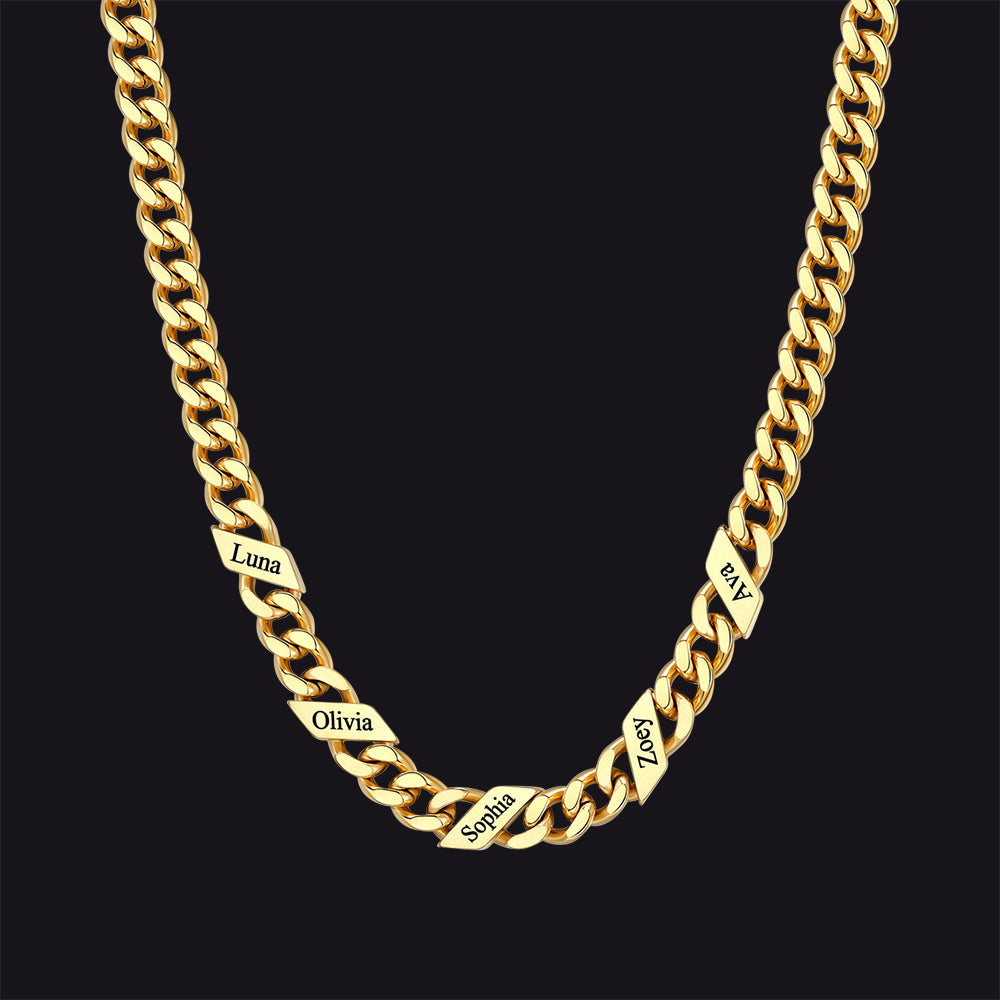 14k Gold / 5 Names / 7mm Engraved Name Cuban Chain Necklace for Men, 7/9/12mm Width
