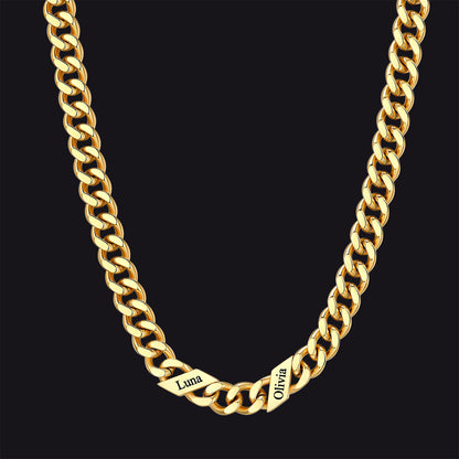 14k Gold / 2 Names / 9mm Engraved Name Cuban Chain Necklace for Men, 7/9/12mm Width