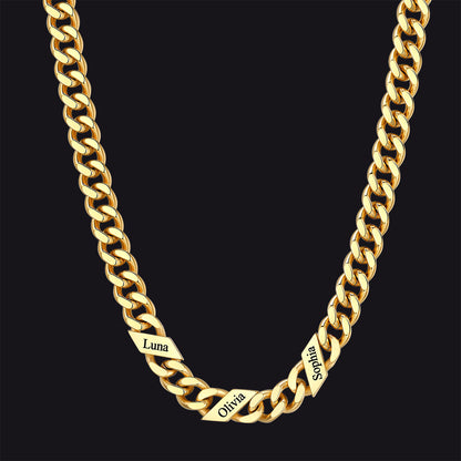 14k Gold / 3 Names / 9mm Engraved Name Cuban Chain Necklace for Men, 7/9/12mm Width