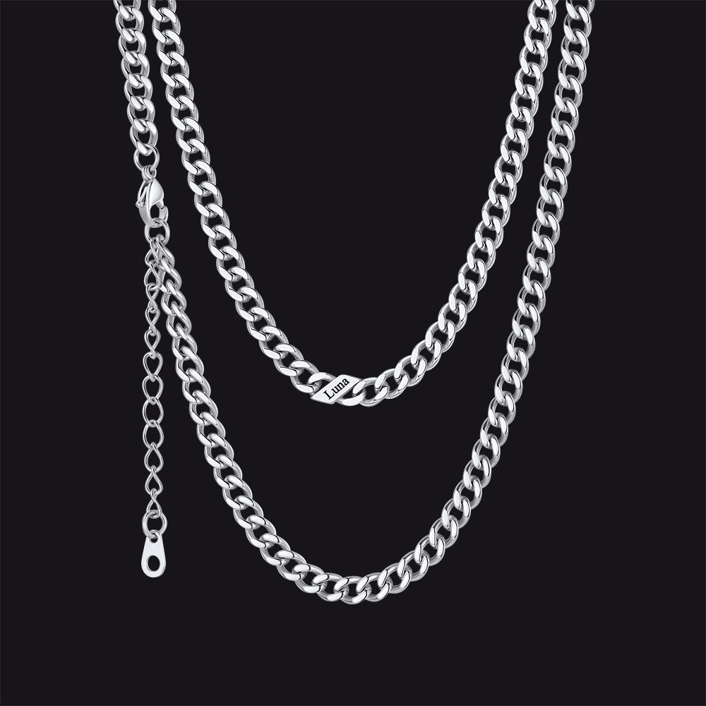 Silver / 5mm / 1 Name  Engraved Name Cuban Chain Necklace for Women Men