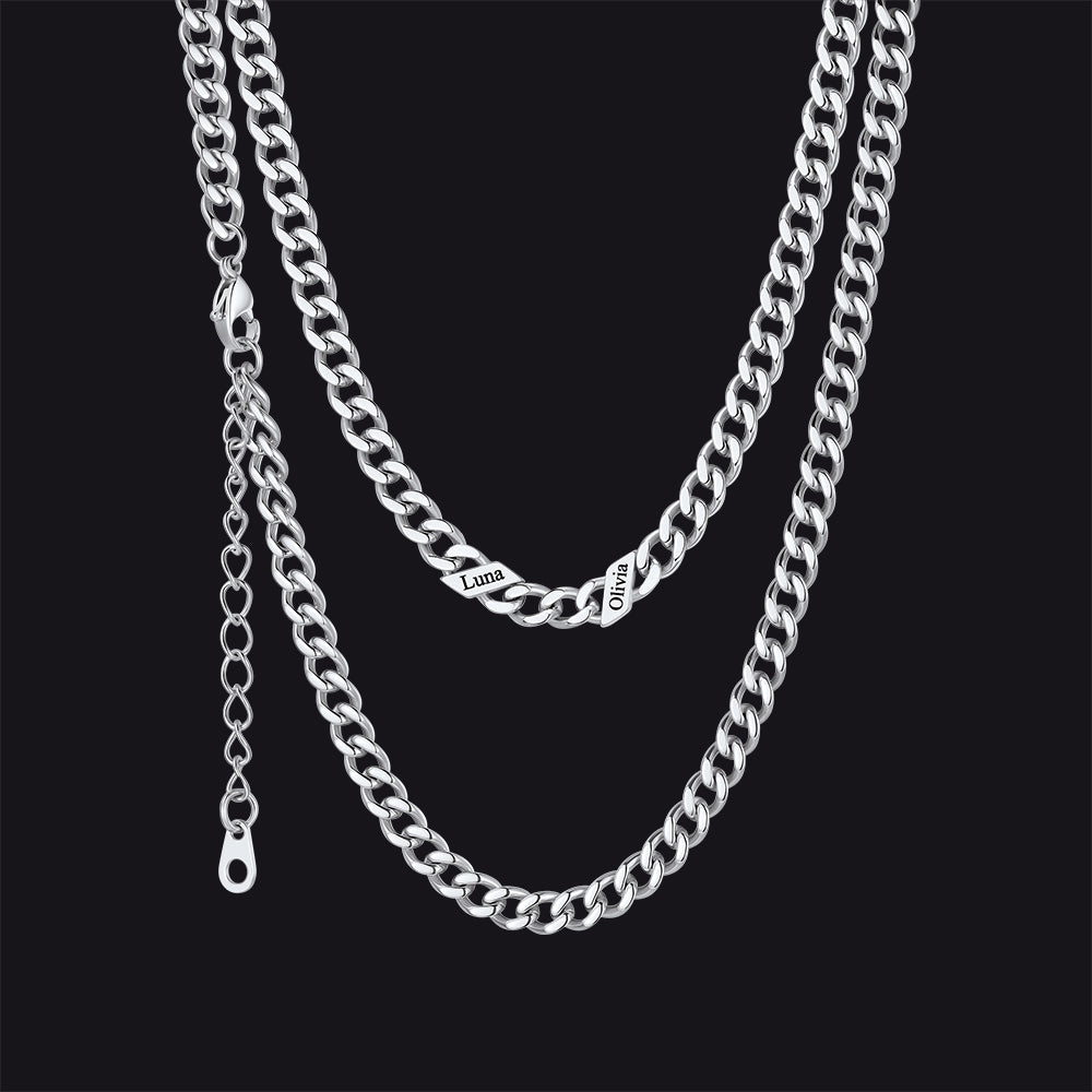 Silver / 5mm / 2 Names  Engraved Name Cuban Chain Necklace for Women Men