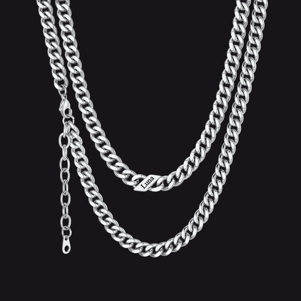 Silver / 7mm / 1 Name  Engraved Name Cuban Chain Necklace for Women Men