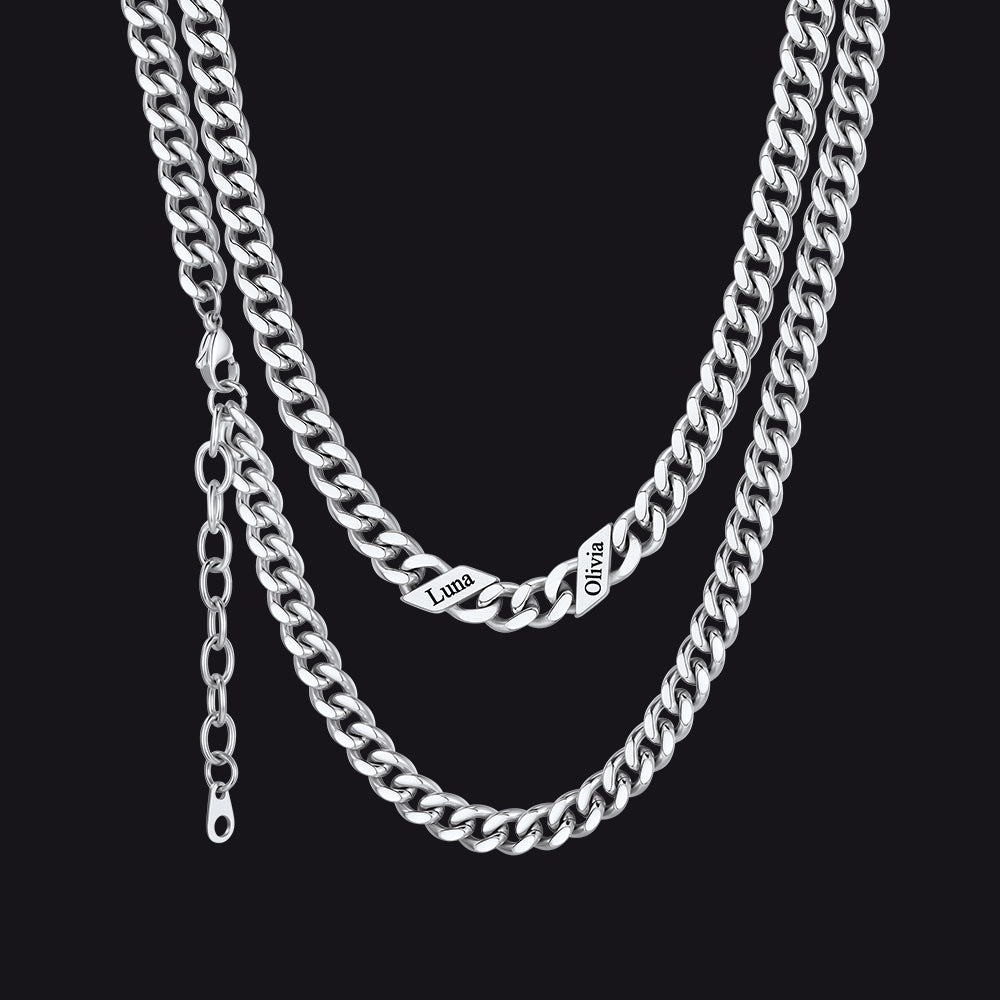 Silver / 7mm / 2 Names  Engraved Name Cuban Chain Necklace for Women Men