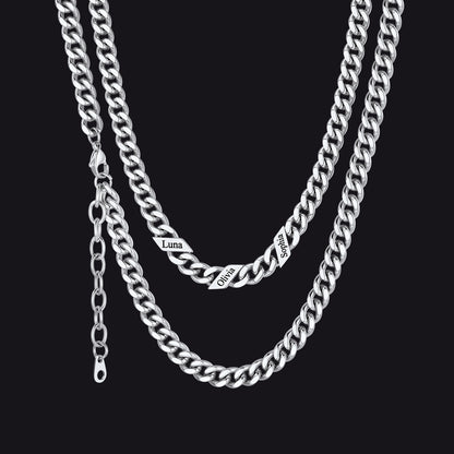Silver / 7mm / 3 Names  Engraved Name Cuban Chain Necklace for Women Men