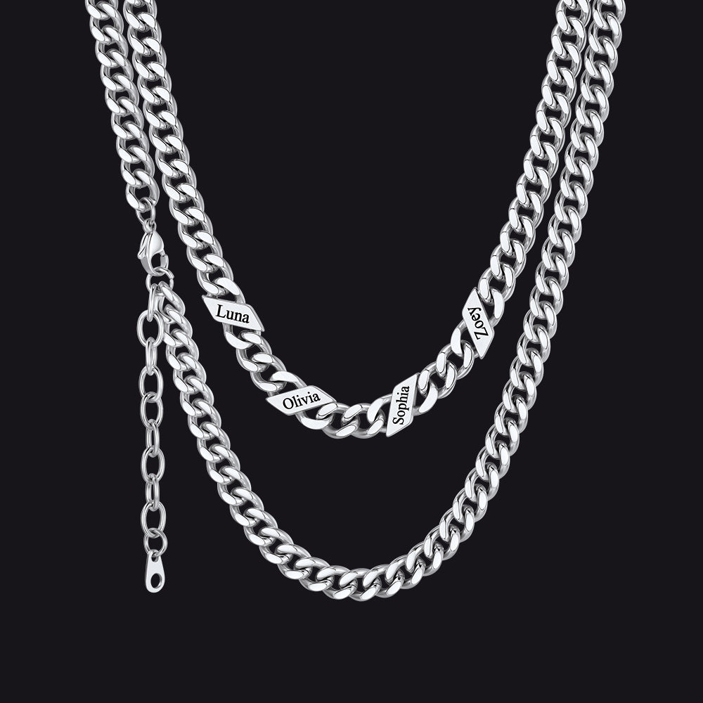 Silver / 7mm / 4 Names  Engraved Name Cuban Chain Necklace for Women Men