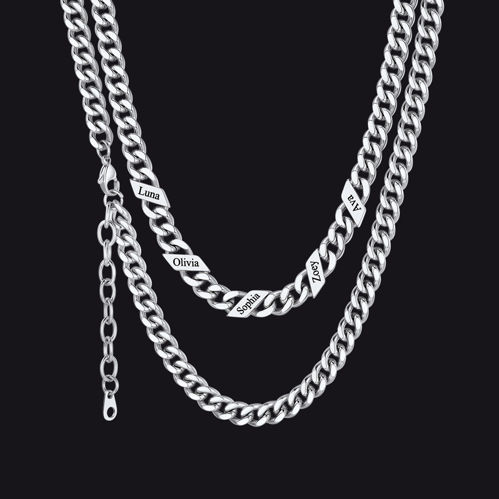 Silver / 7mm / 5 Names  Engraved Name Cuban Chain Necklace for Women Men