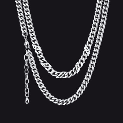 Silver / 7mm / 5 Names  Engraved Name Cuban Chain Necklace for Women Men