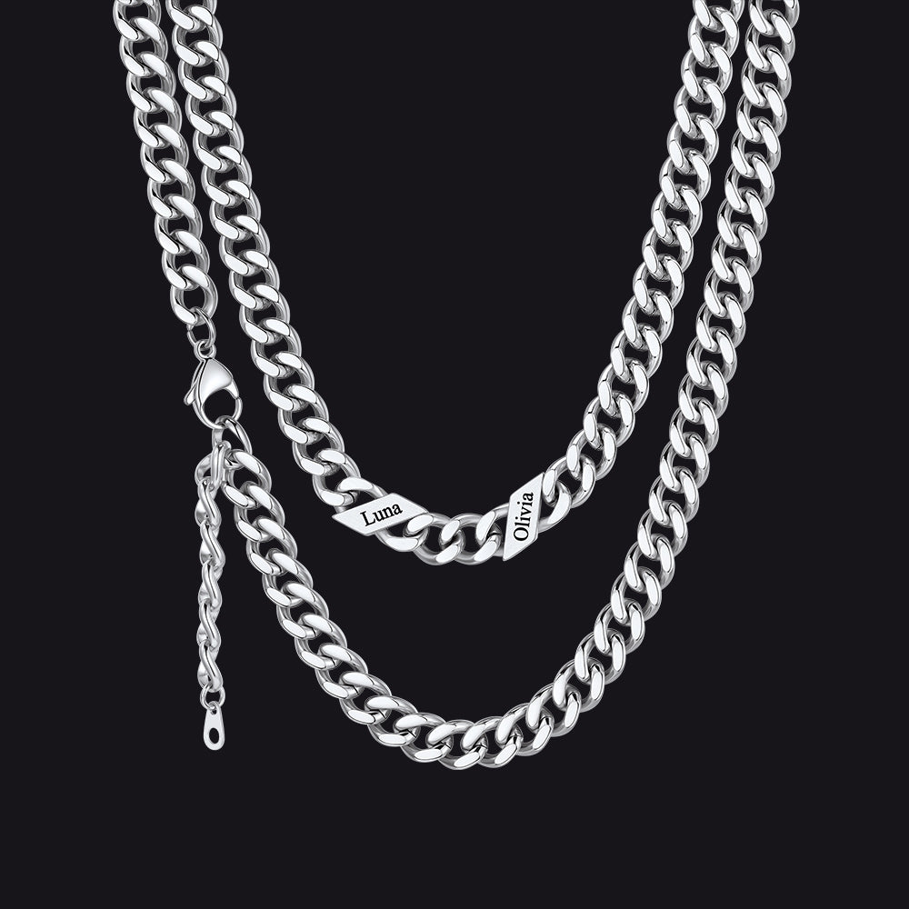 Silver / 9mm / 2 Names  Engraved Name Cuban Chain Necklace for Women Men
