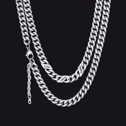 Silver / 9mm / 3 Names  Engraved Name Cuban Chain Necklace for Women Men