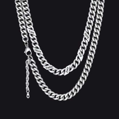 Silver / 9mm / 6 Names  Engraved Name Cuban Chain Necklace for Women Men
