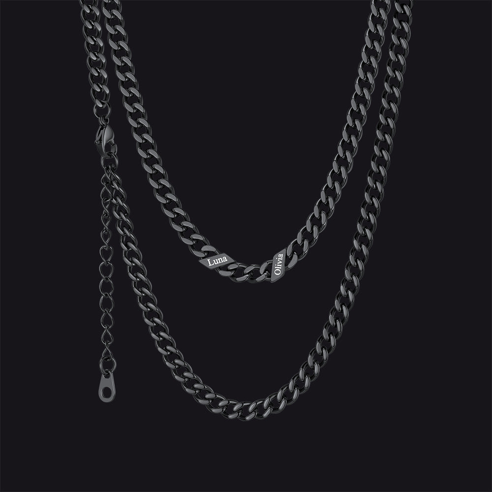 Black / 5mm / 2 Names  Engraved Name Cuban Chain Necklace for Women Men