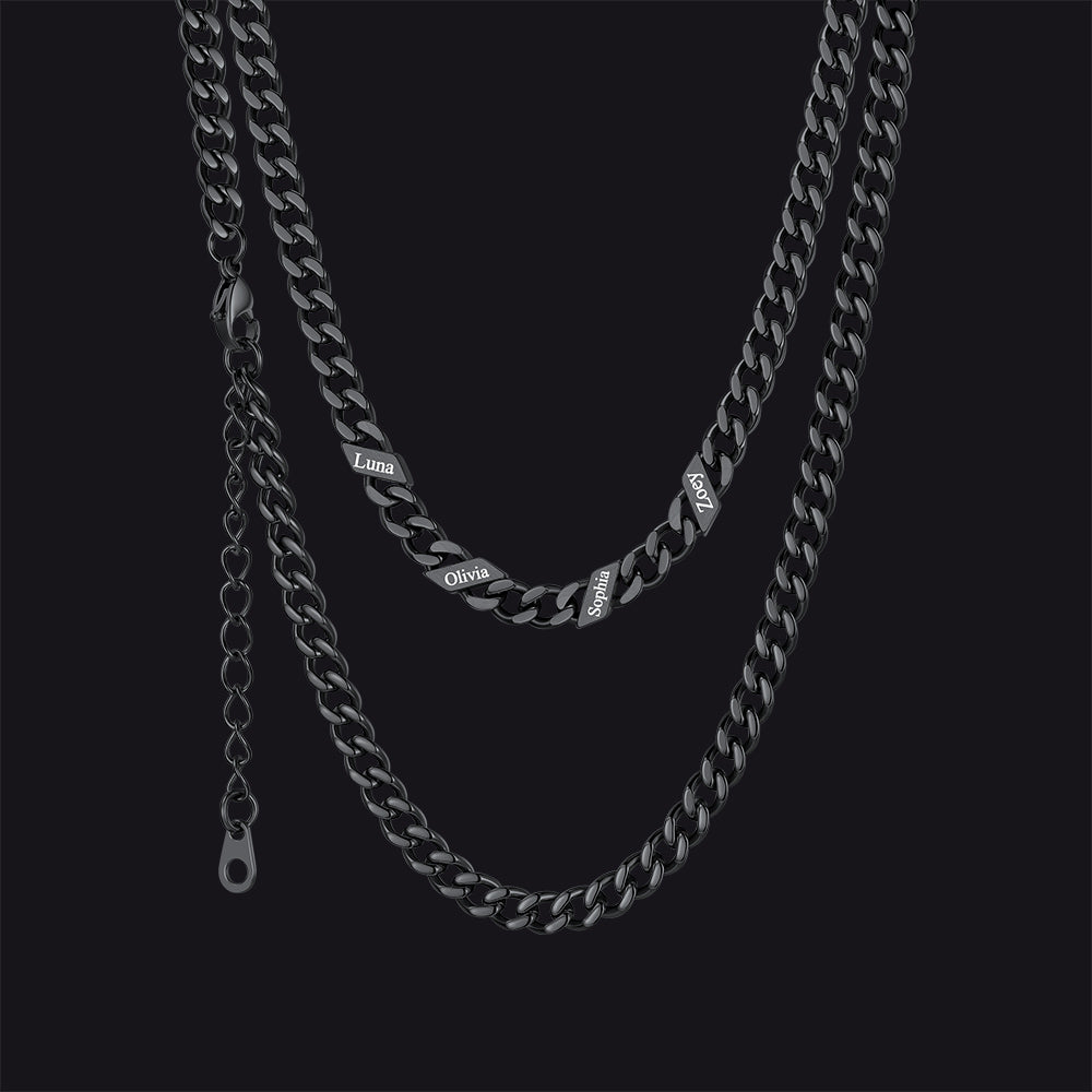 Black / 5mm / 4 Names  Engraved Name Cuban Chain Necklace for Women Men
