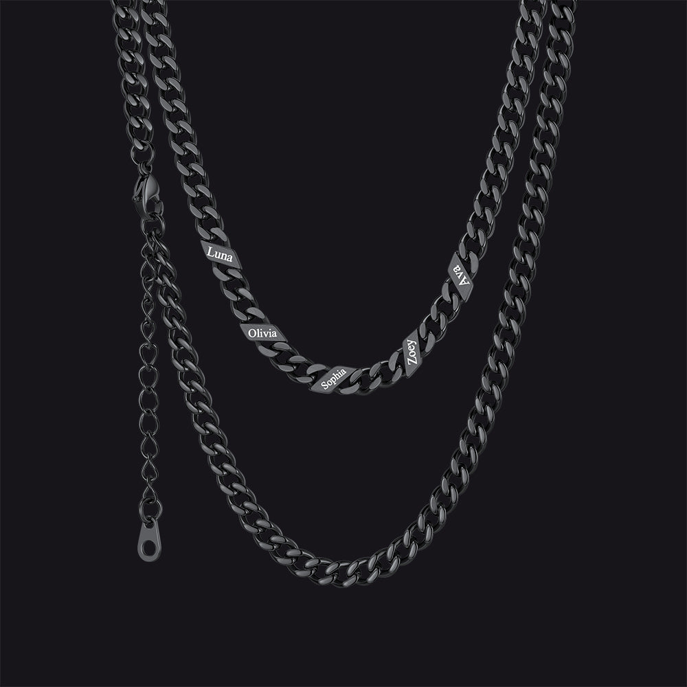 Black / 5mm / 5 Names  Engraved Name Cuban Chain Necklace for Women Men