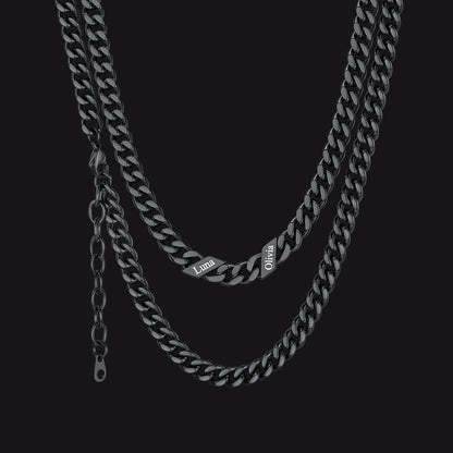 Black / 7mm / 2 Names  Engraved Name Cuban Chain Necklace for Women Men