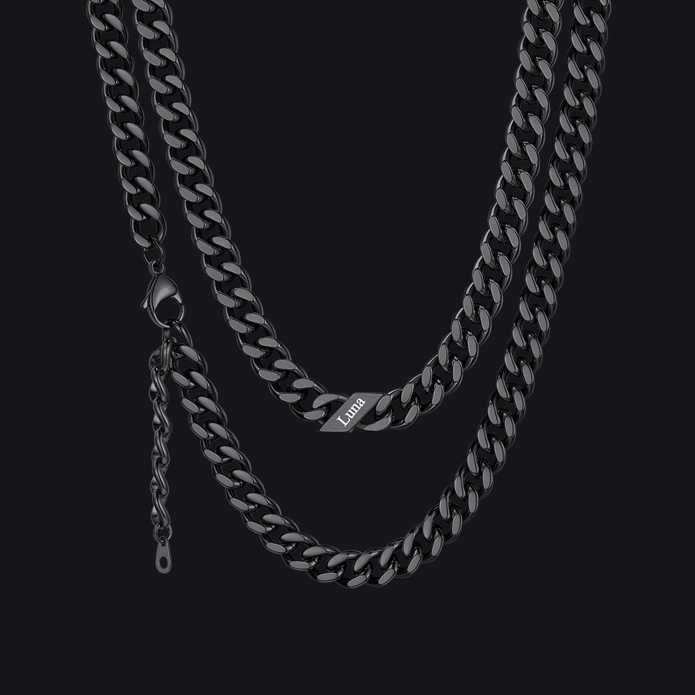 Black / 9mm / 1 Name  Engraved Name Cuban Chain Necklace for Women Men