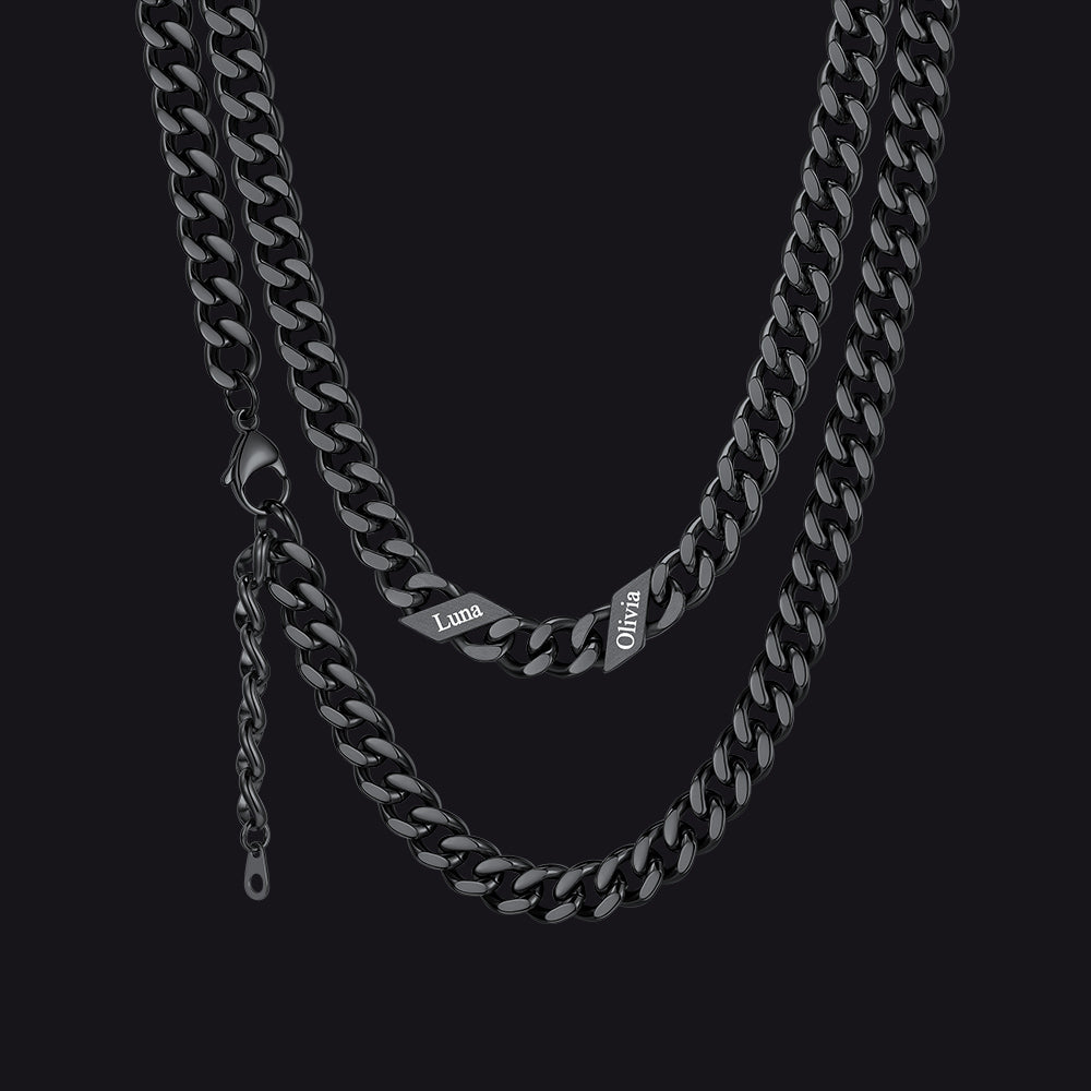 Black / 9mm / 2 Names  Engraved Name Cuban Chain Necklace for Women Men