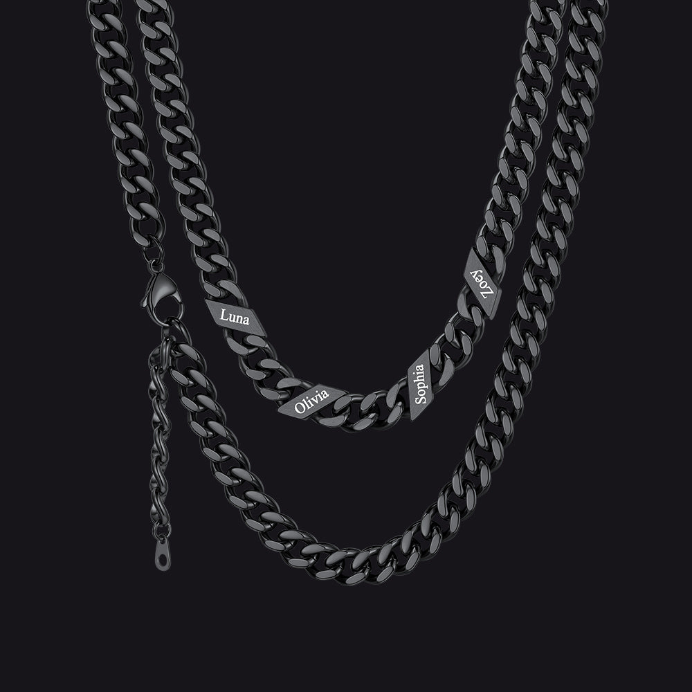 Black / 9mm / 4 Names  Engraved Name Cuban Chain Necklace for Women Men