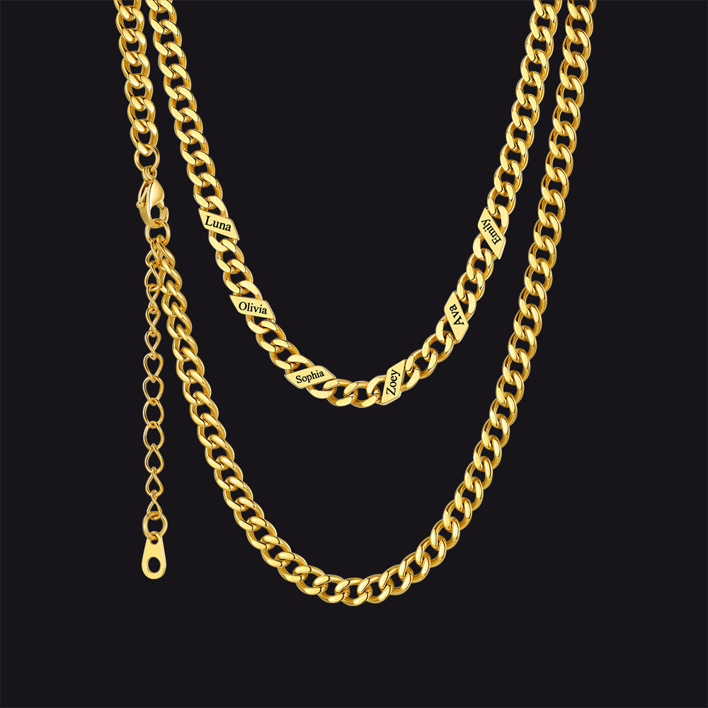 14k Gold / 5mm / 6 Names  Engraved Name Cuban Chain Necklace for Women Men