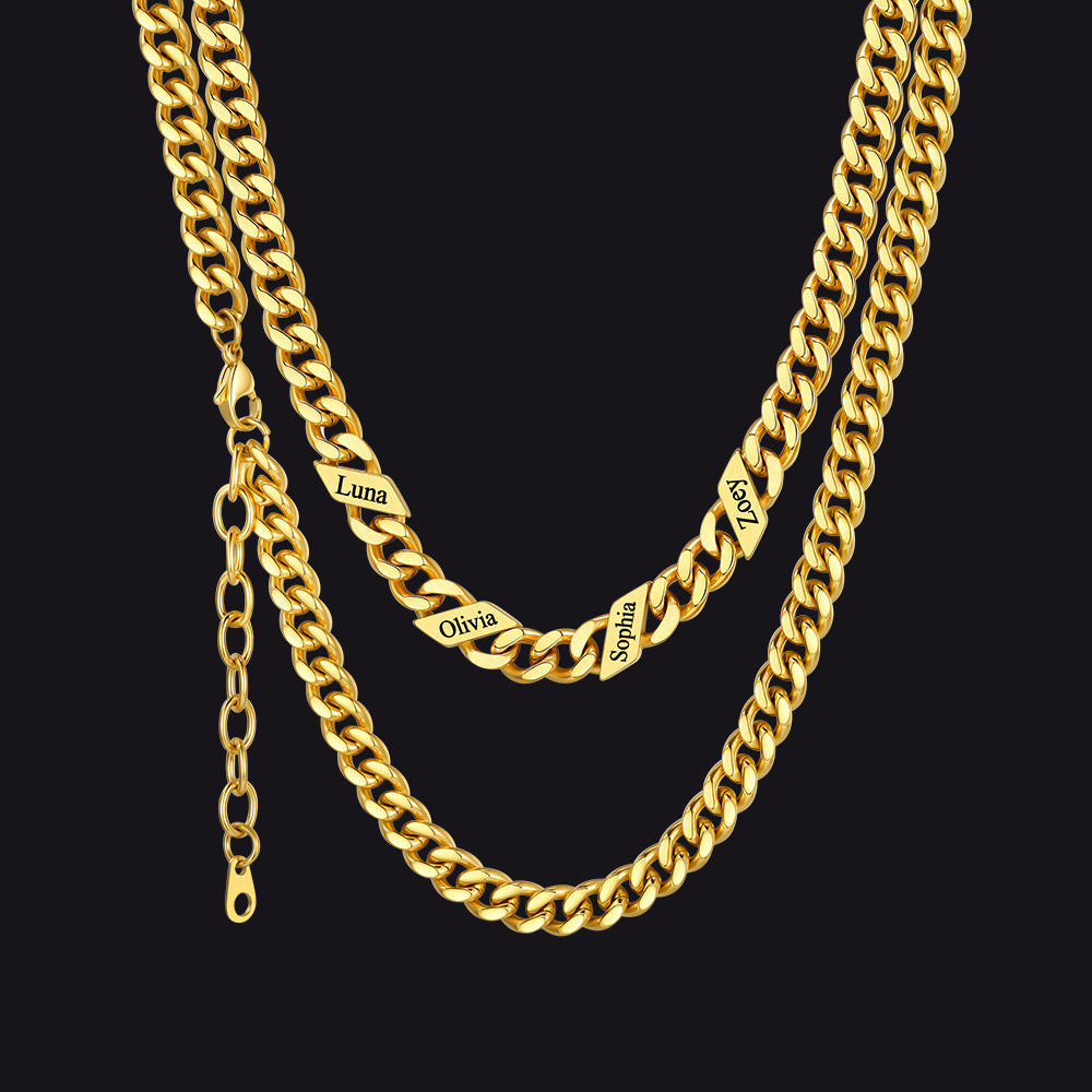 14k Gold / 7mm / 4 Names  Engraved Name Cuban Chain Necklace for Women Men