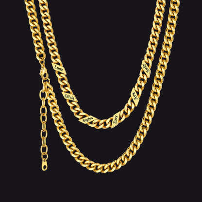 14k Gold / 7mm / 6 Names  Engraved Name Cuban Chain Necklace for Women Men