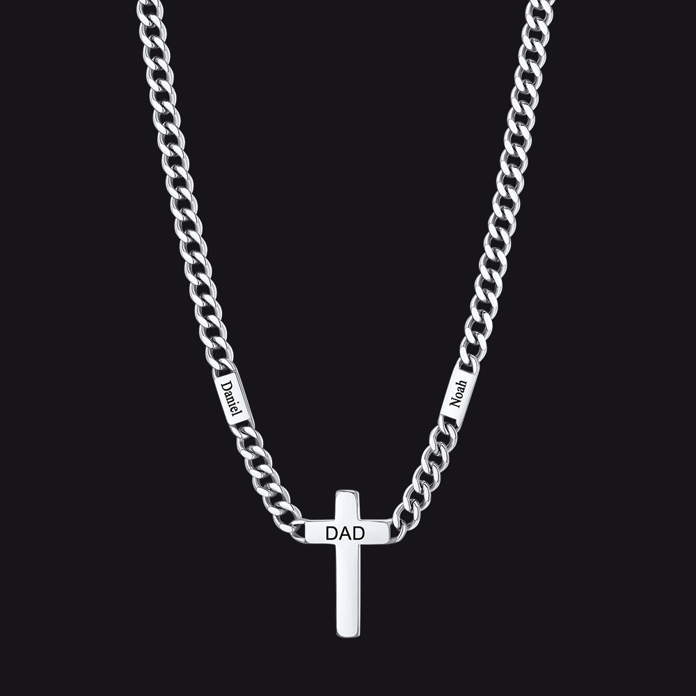 Steel / 2 Bars / 5mm Engraved Name Cuban Chain Necklace with Cross for Men 5/7MM