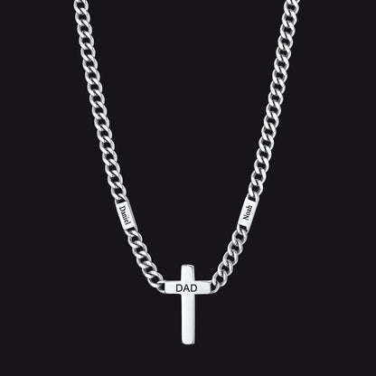 Steel / 2 Bars / 5mm Engraved Name Cuban Chain Necklace with Cross for Men 5/7MM
